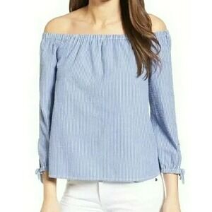 Vineyard Vines Womens Off Shoulder Blouse Size 0 Striped Tie Cuff coastal preppy